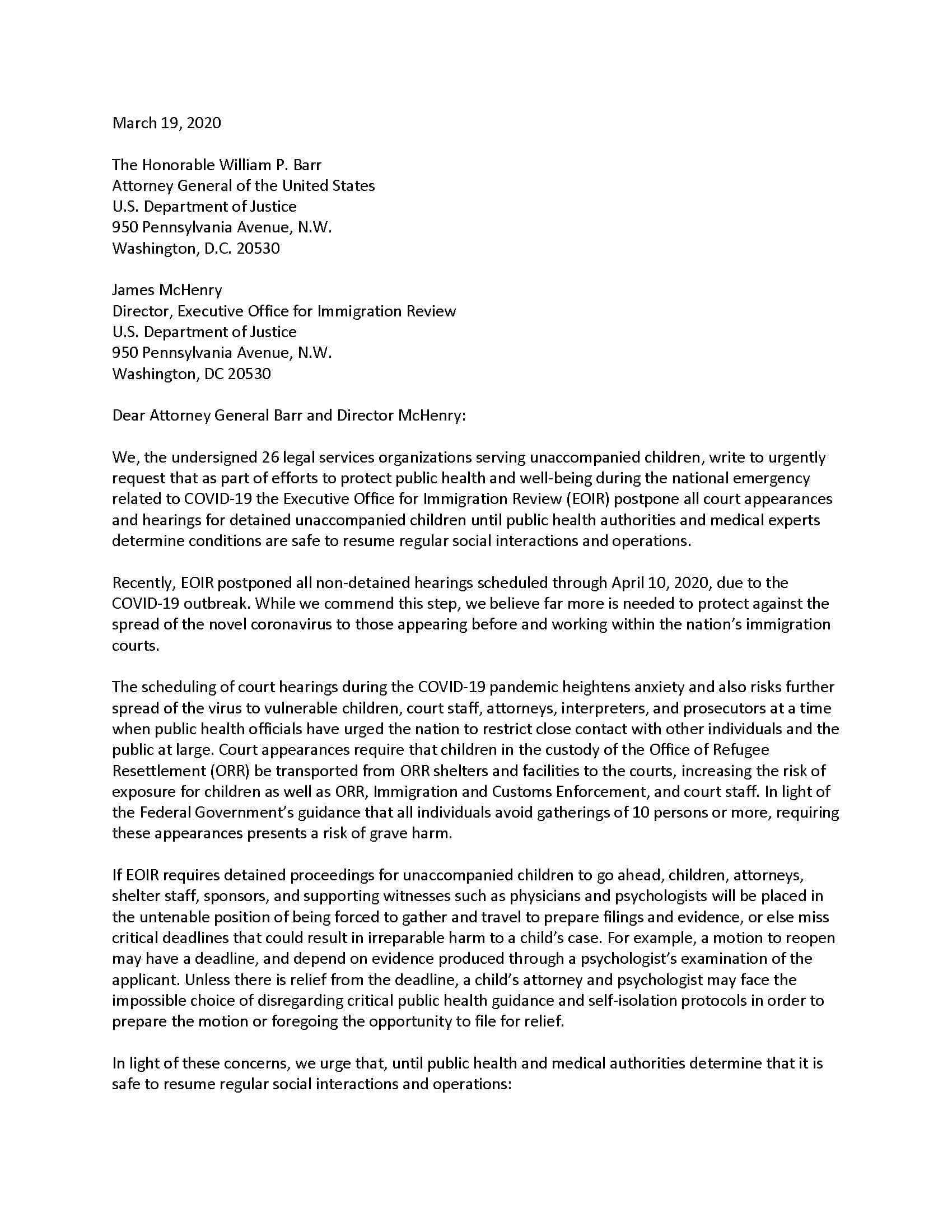 Letter urging for the postponement of hearings for detained ...