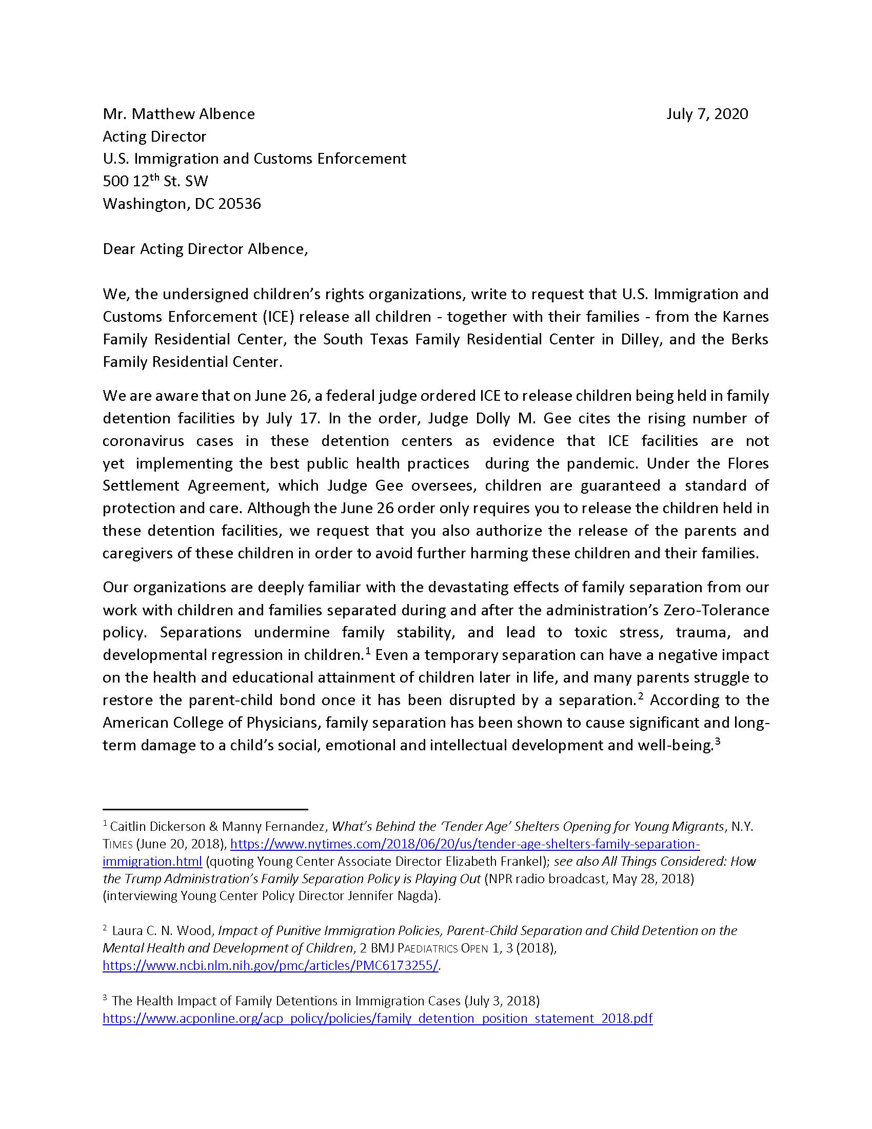 Joint Letter to Acting Director of ICE: Release the Families Together ...