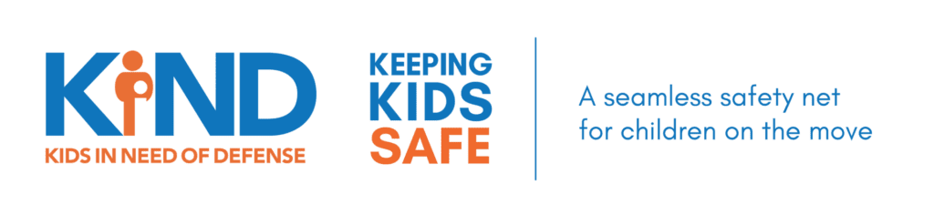 KIND logo with the Keeping Kids Safe: A seamless safety net for children on the move campaign logo. 