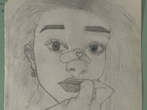 Pencil drawing of a young girl with a band-aid over her nose and a heart on it