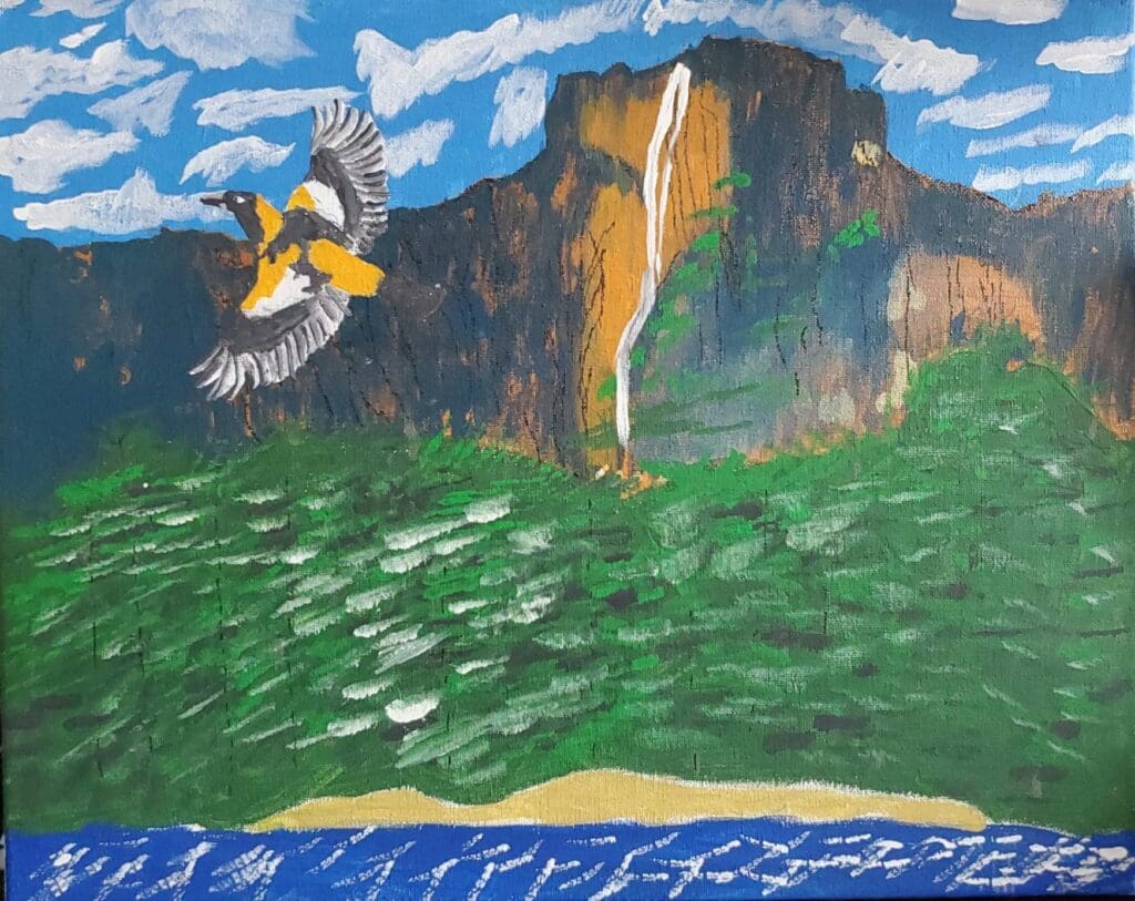 Luis' colorful, vibrant painting over an eagle soaring across the Salto del Angel in Venezuela